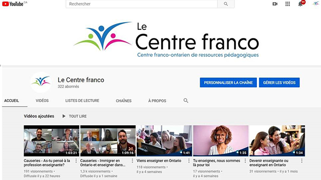 Page d’accueil de la chaîne YouTube du Centre franco qui présente les dernières vidéos publiées.